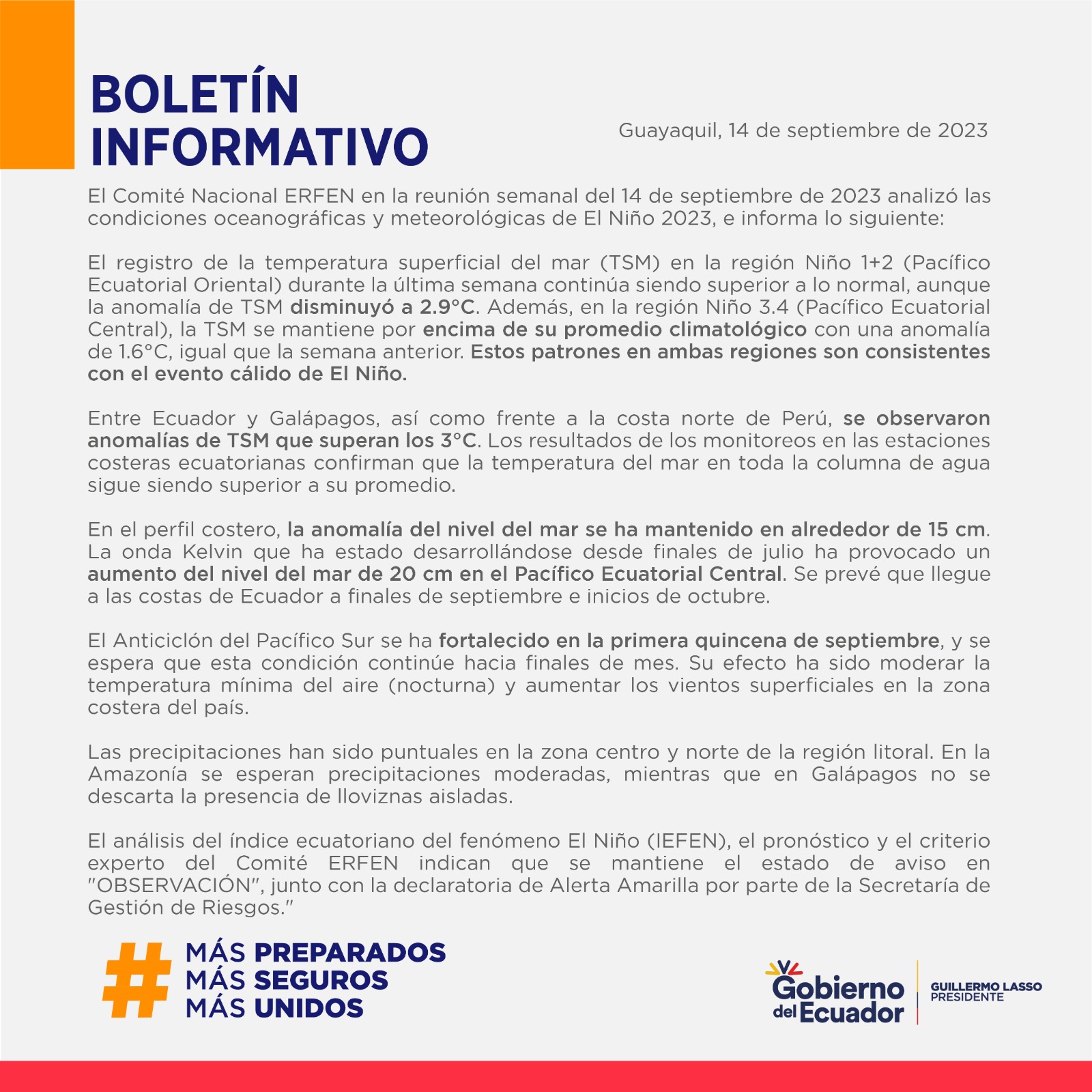ERFEN - Boletín informativo 14 de septiembre de 2023