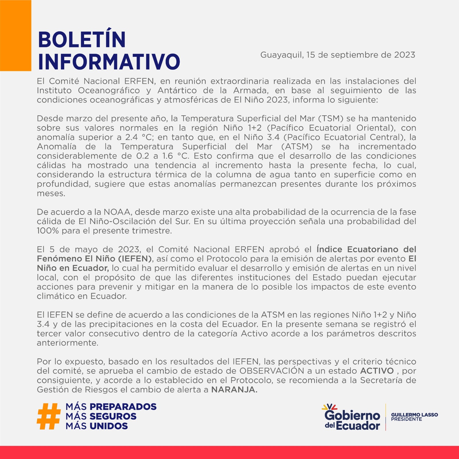 ERFEN - Boletín informativo 15 de septiembre de 2023