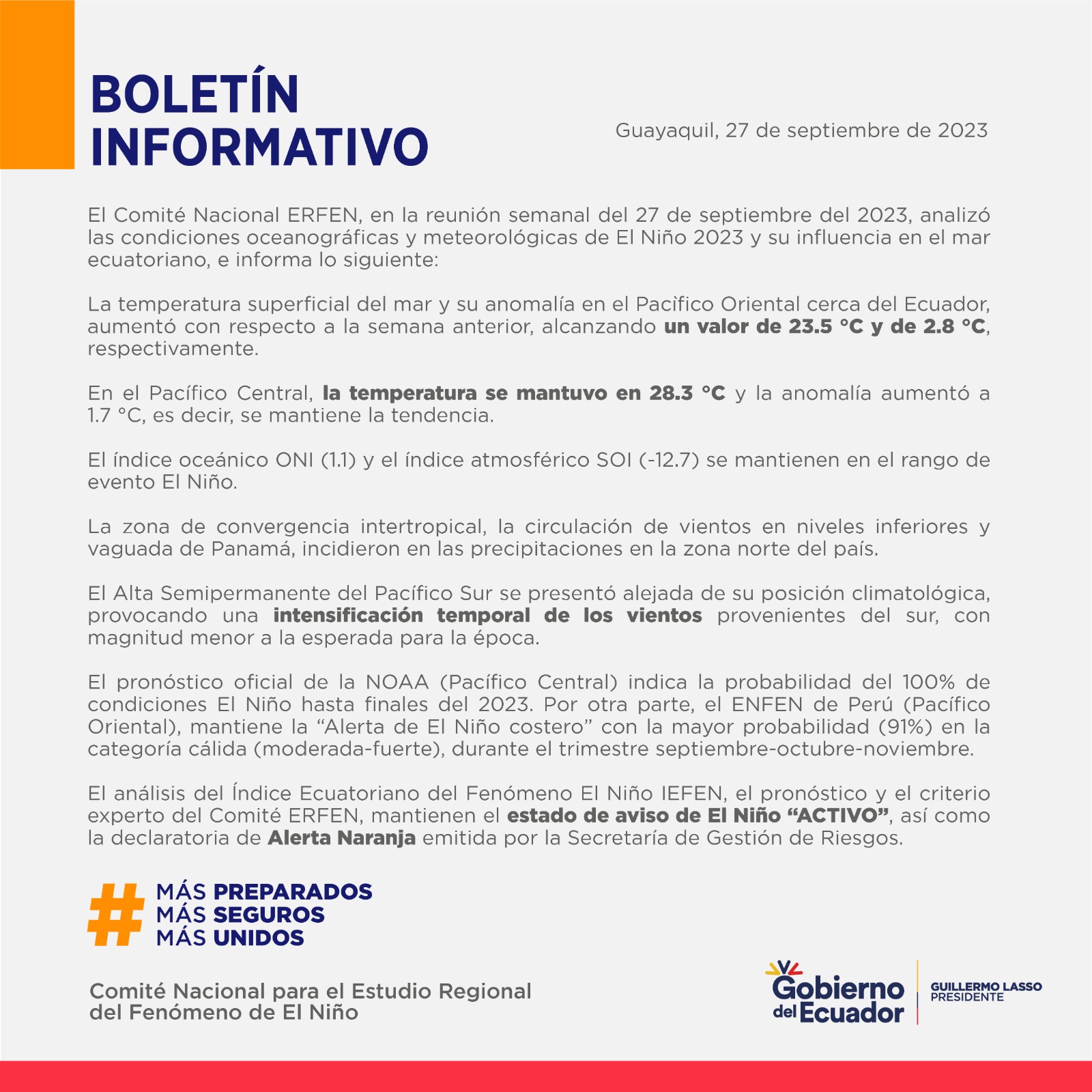 ERFEN - Boletín informativo 27 de septiembre de 2023