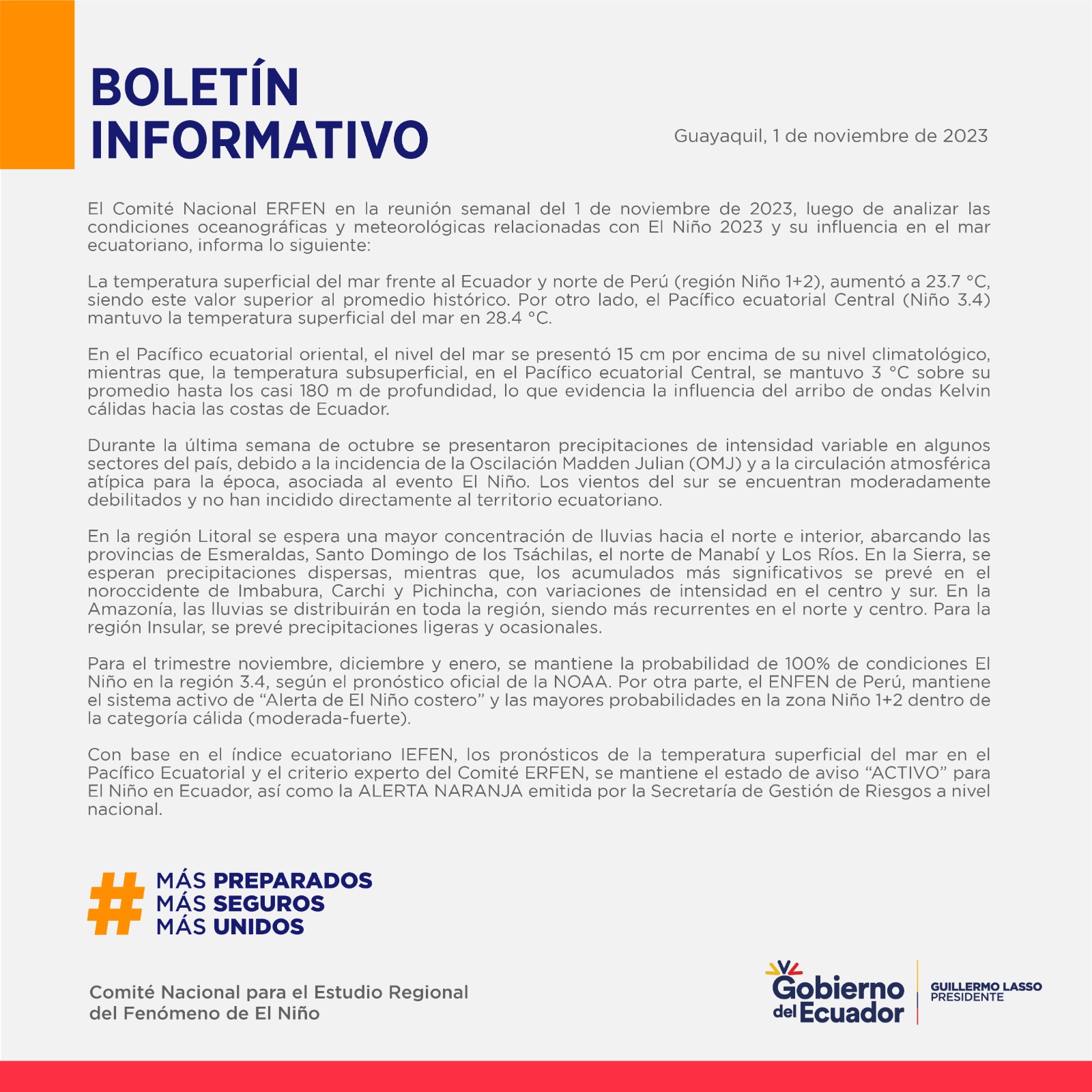 ERFEN - Boletín informativo 1 de noviembre de 2023
