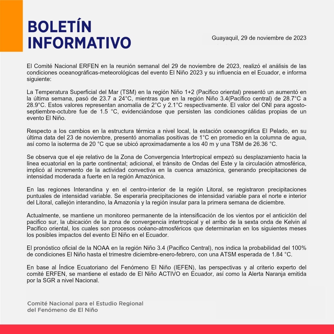 ERFEN - Boletín informativo 29 de noviembre de 2023