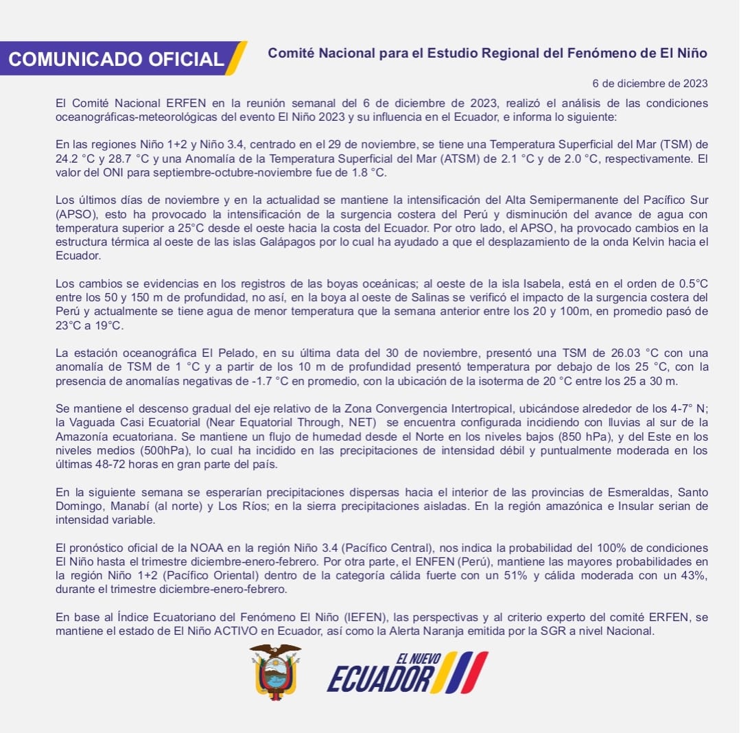 ERFEN - Boletín informativo 6 de diciembre de 2023