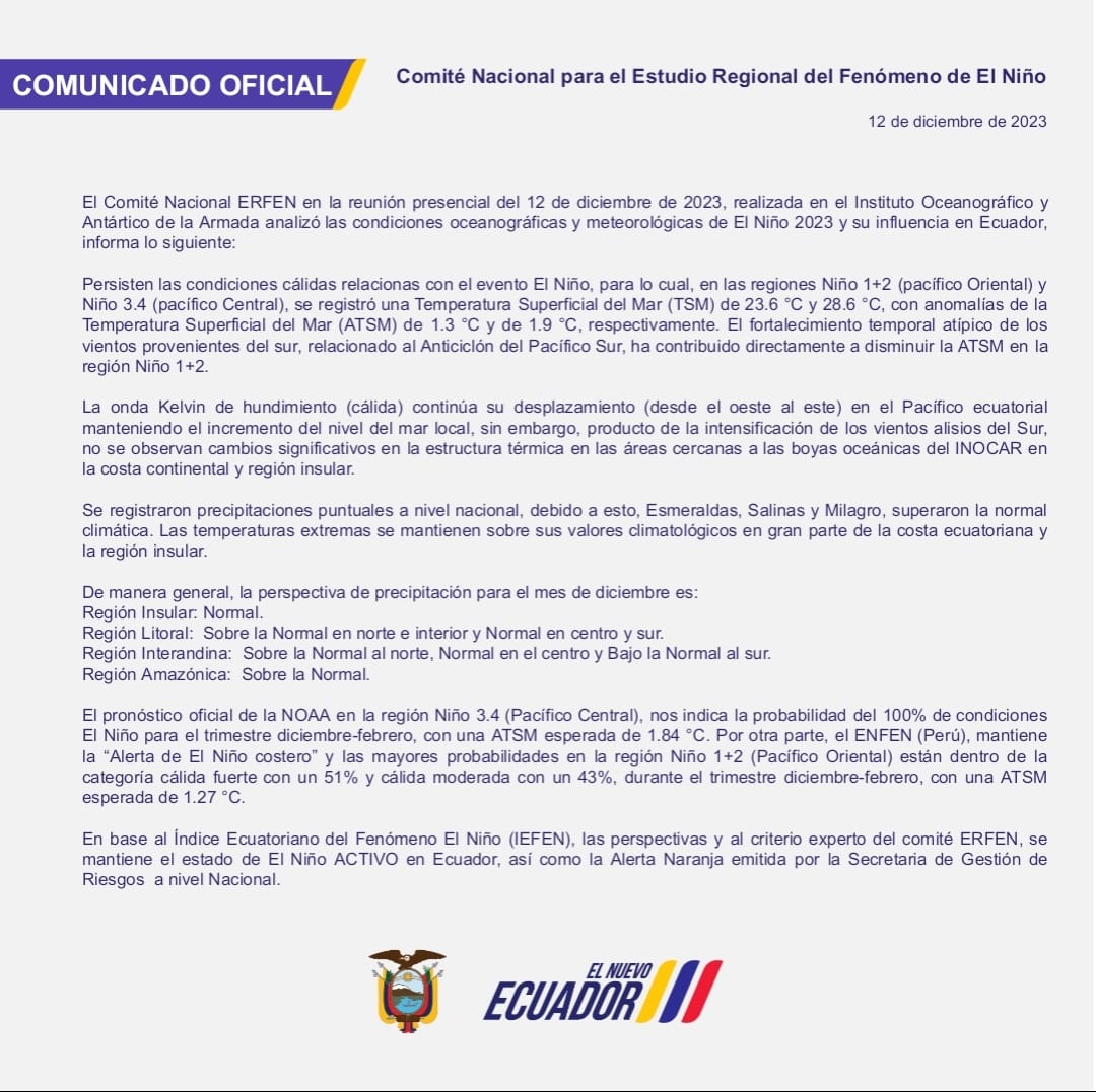 ERFEN - Boletín informativo 12 de diciembre de 2023