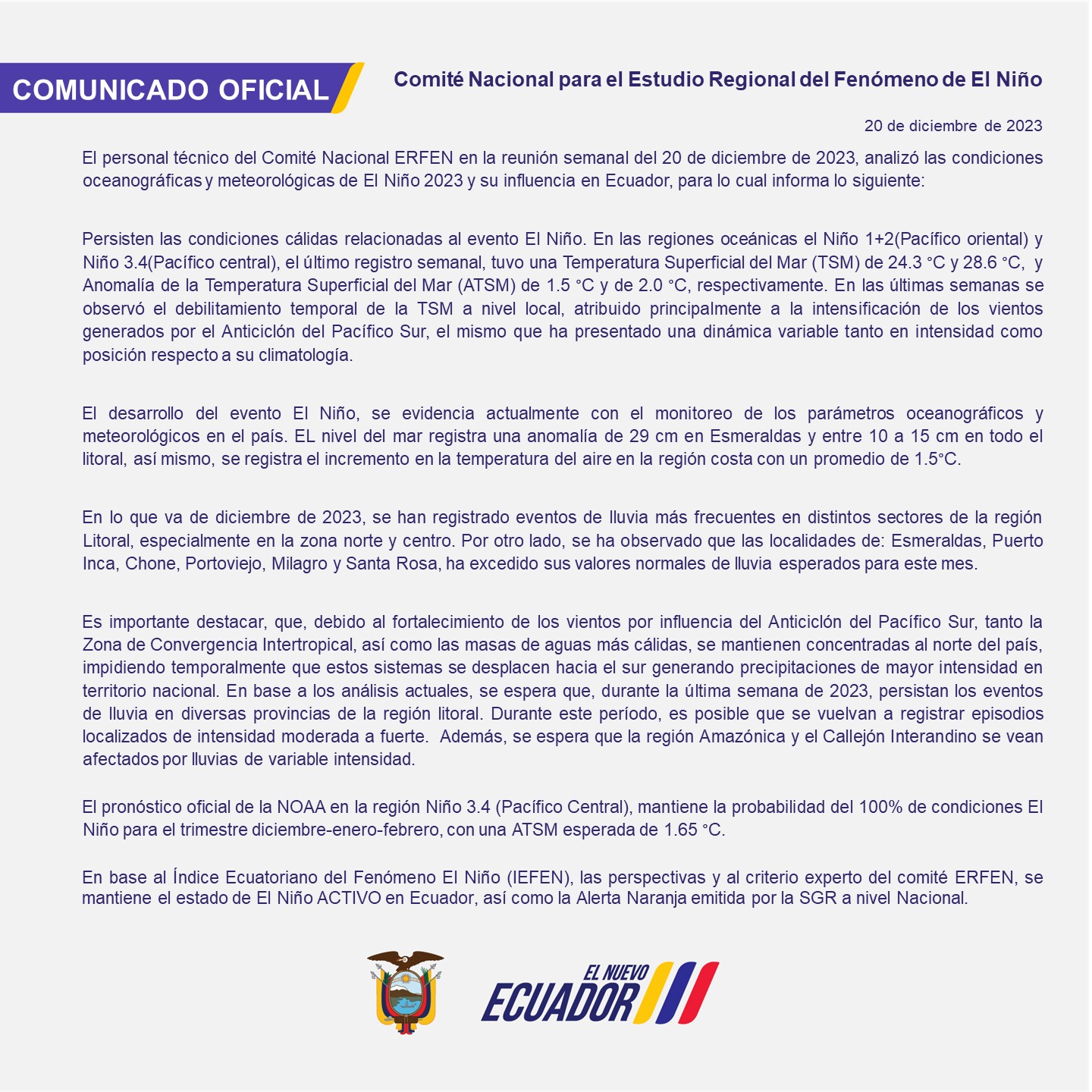 ERFEN - Boletín informativo 20 de diciembre de 2023