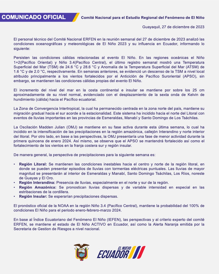 ERFEN - Boletín informativo 27 de diciembre de 2023