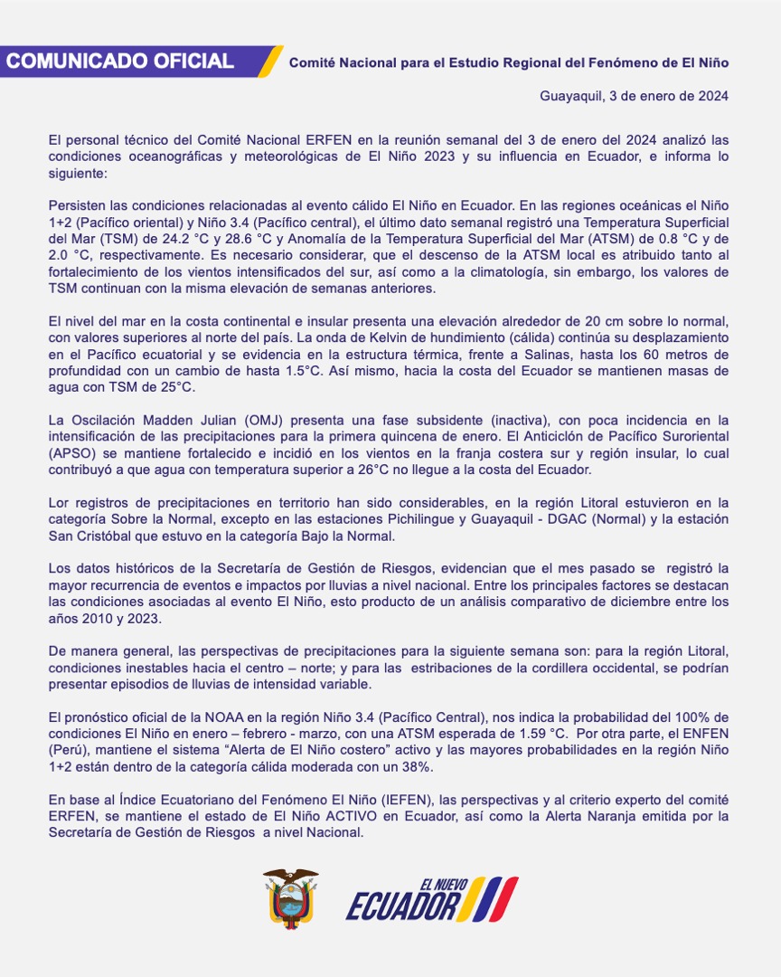 ERFEN - Boletín informativo 3 de enero de 2024