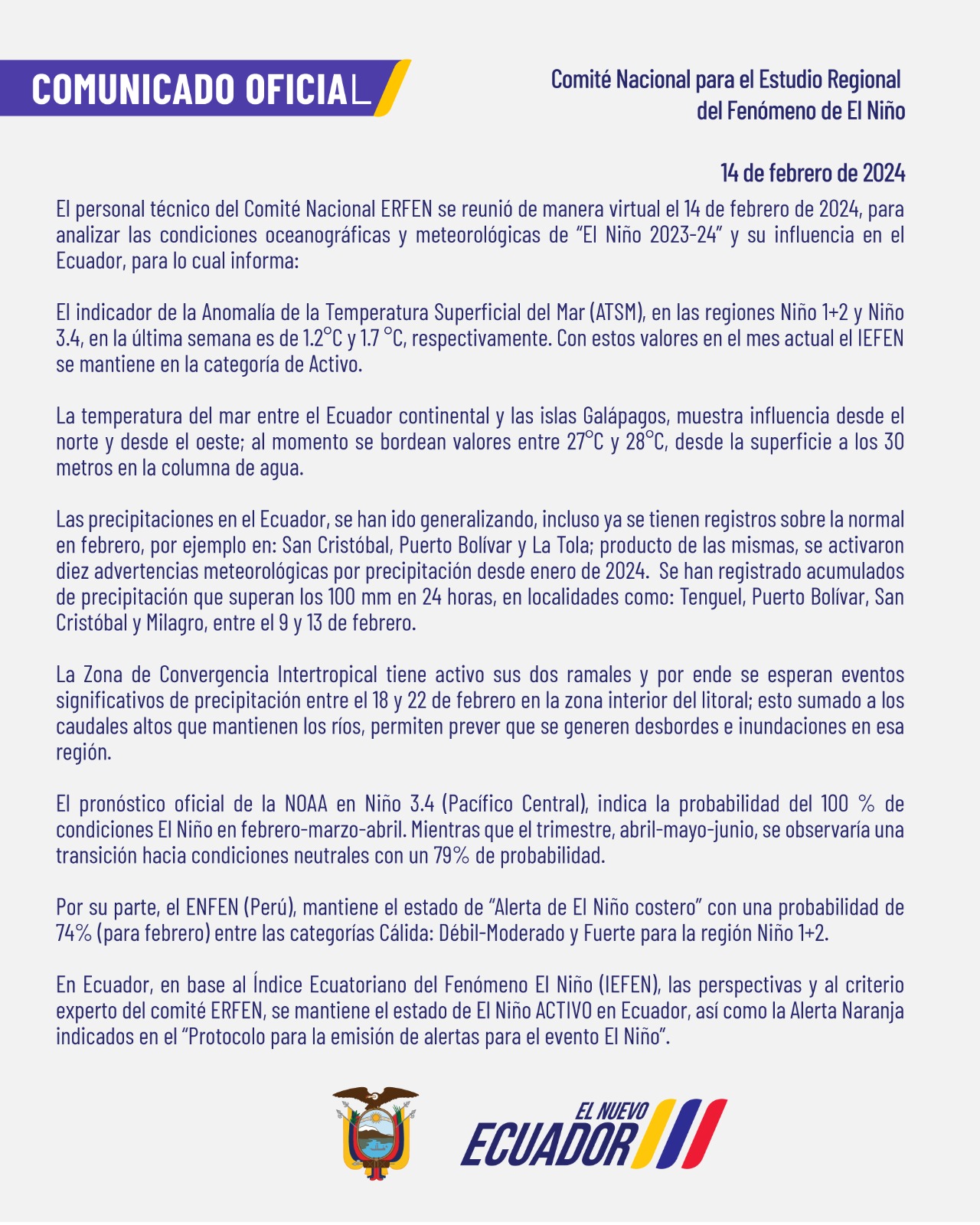 ERFEN - Boletín informativo 14 de febrero de 2024