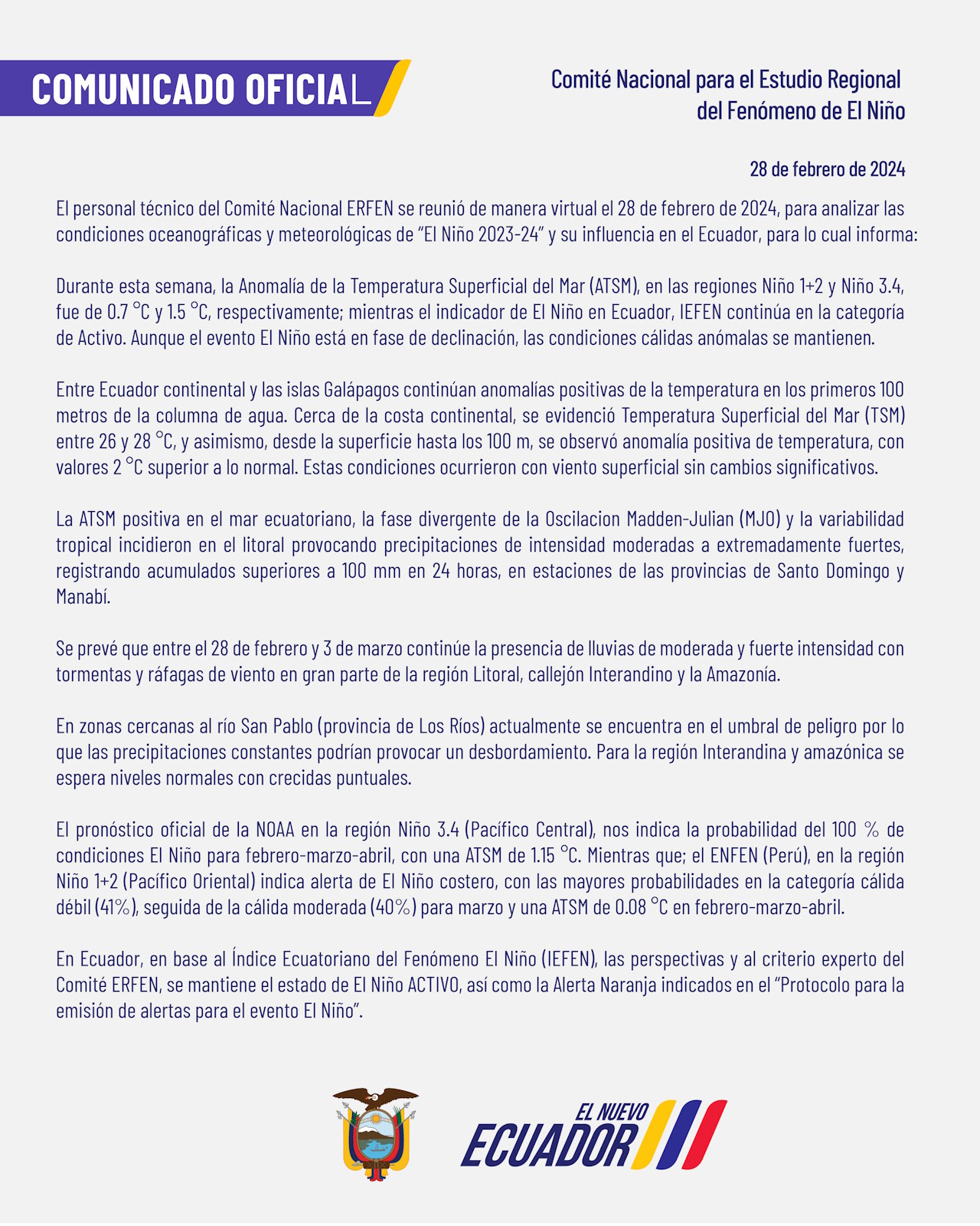 ERFEN - Boletín informativo 28 de febrero de 2024