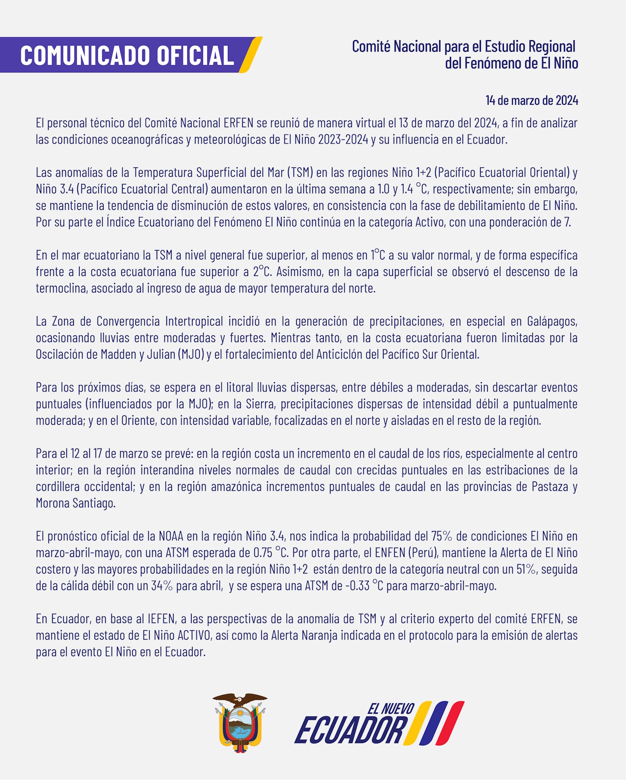 ERFEN - Boletín informativo 14 de marzo de 2024
