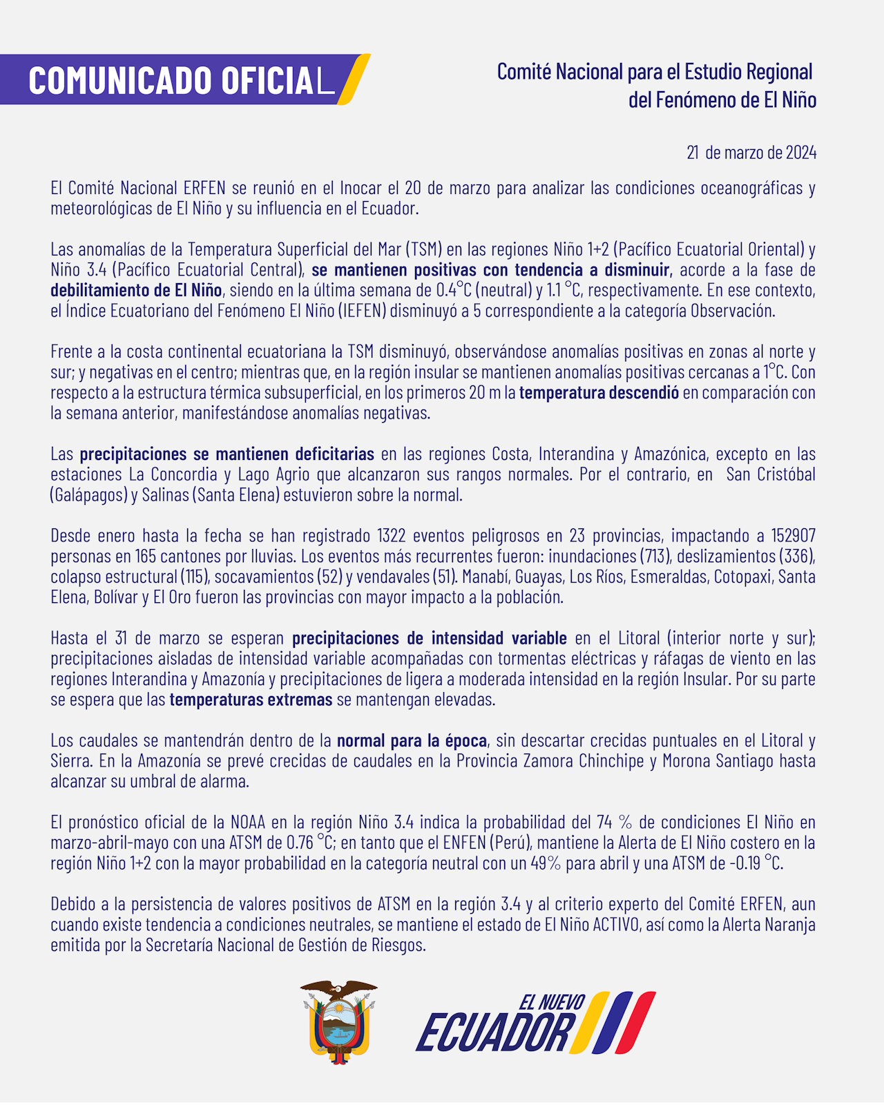 ERFEN - Boletín informativo 21 de marzo de 2024