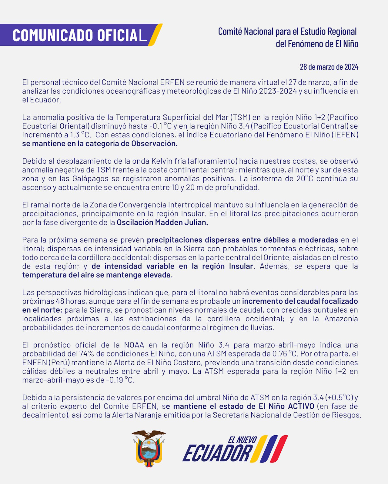 ERFEN - Boletín informativo 28 de marzo de 2024