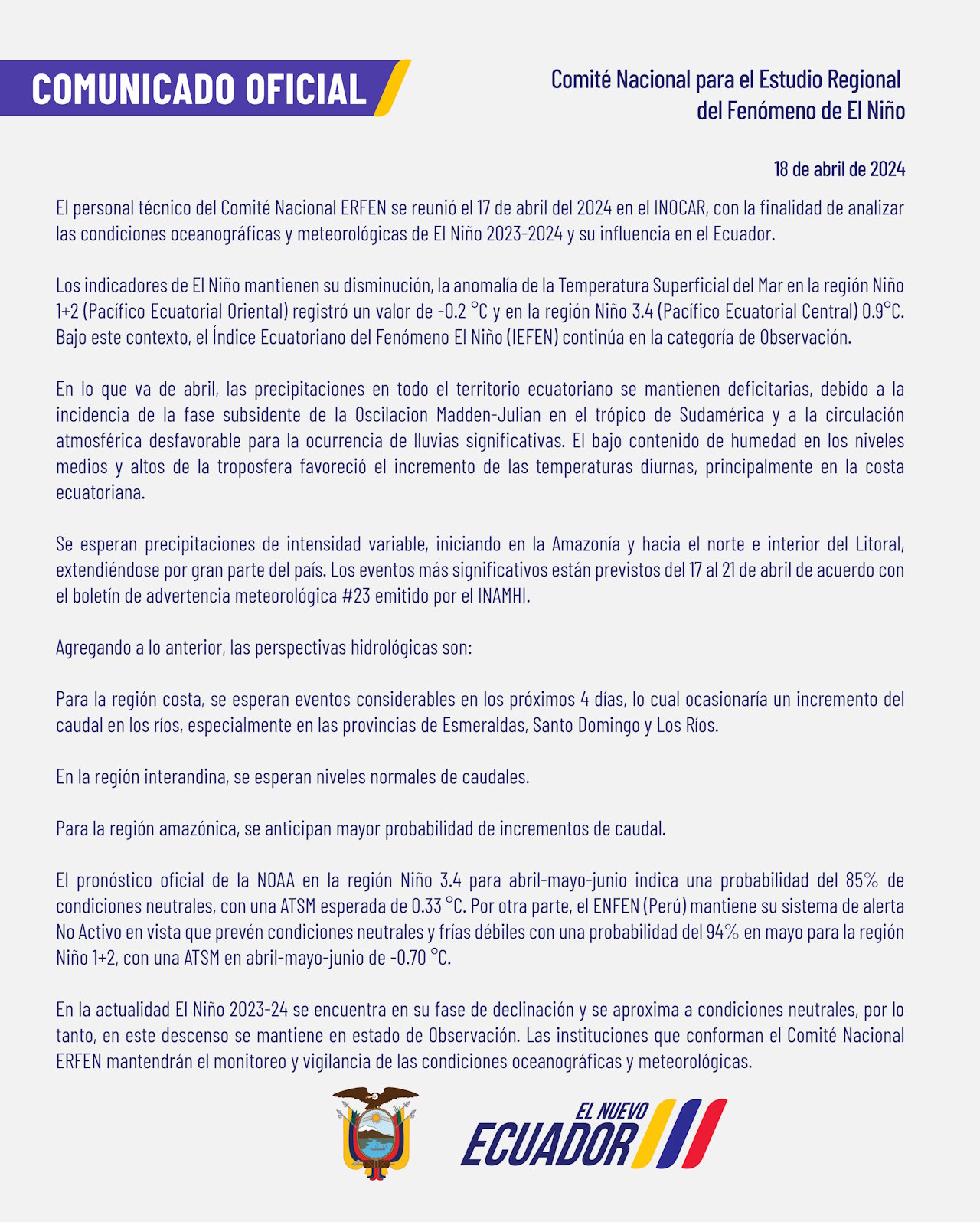 ERFEN - Boletín informativo 18 de abril de 2024
