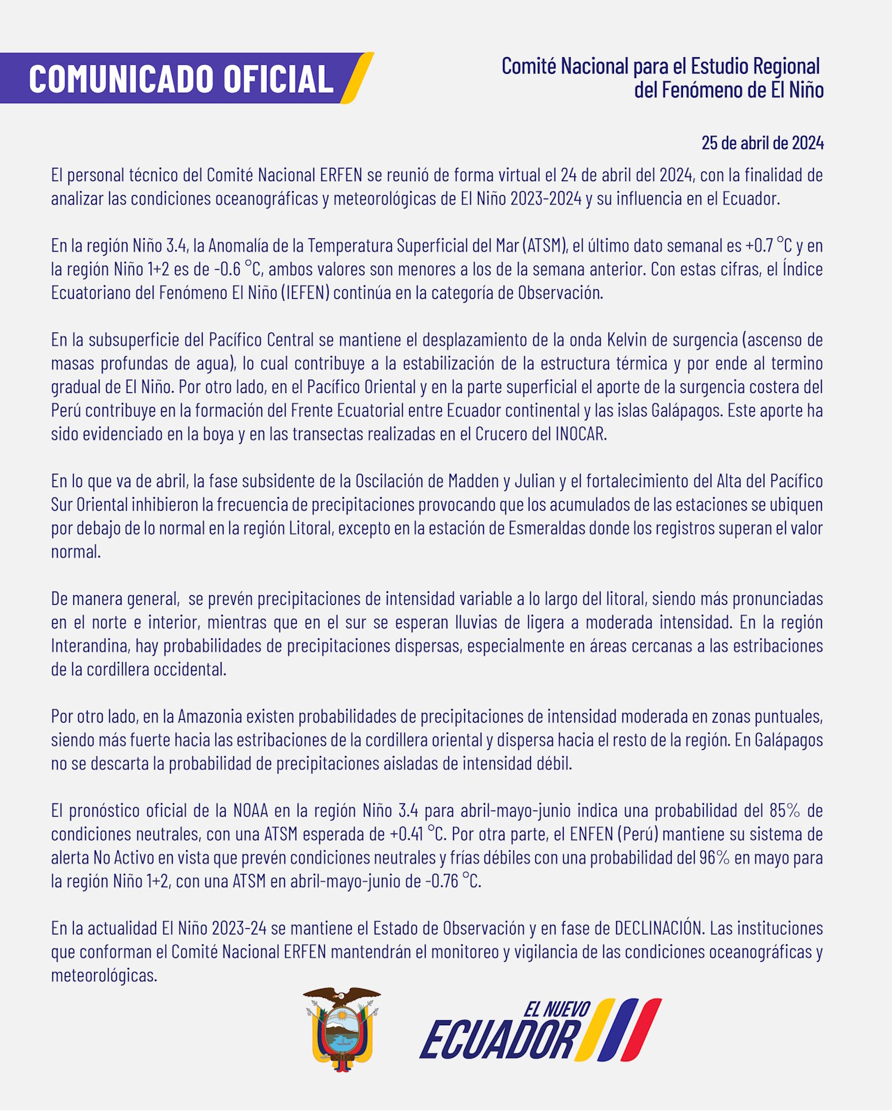 ERFEN - Boletín informativo 25 de abril de 2024