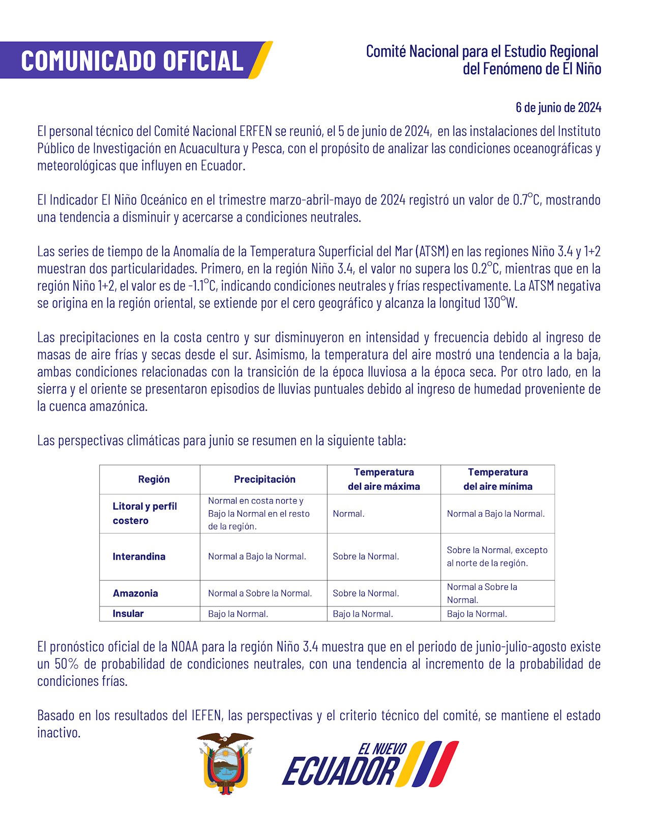 ERFEN - Boletín informativo 6 de junio de 2024
