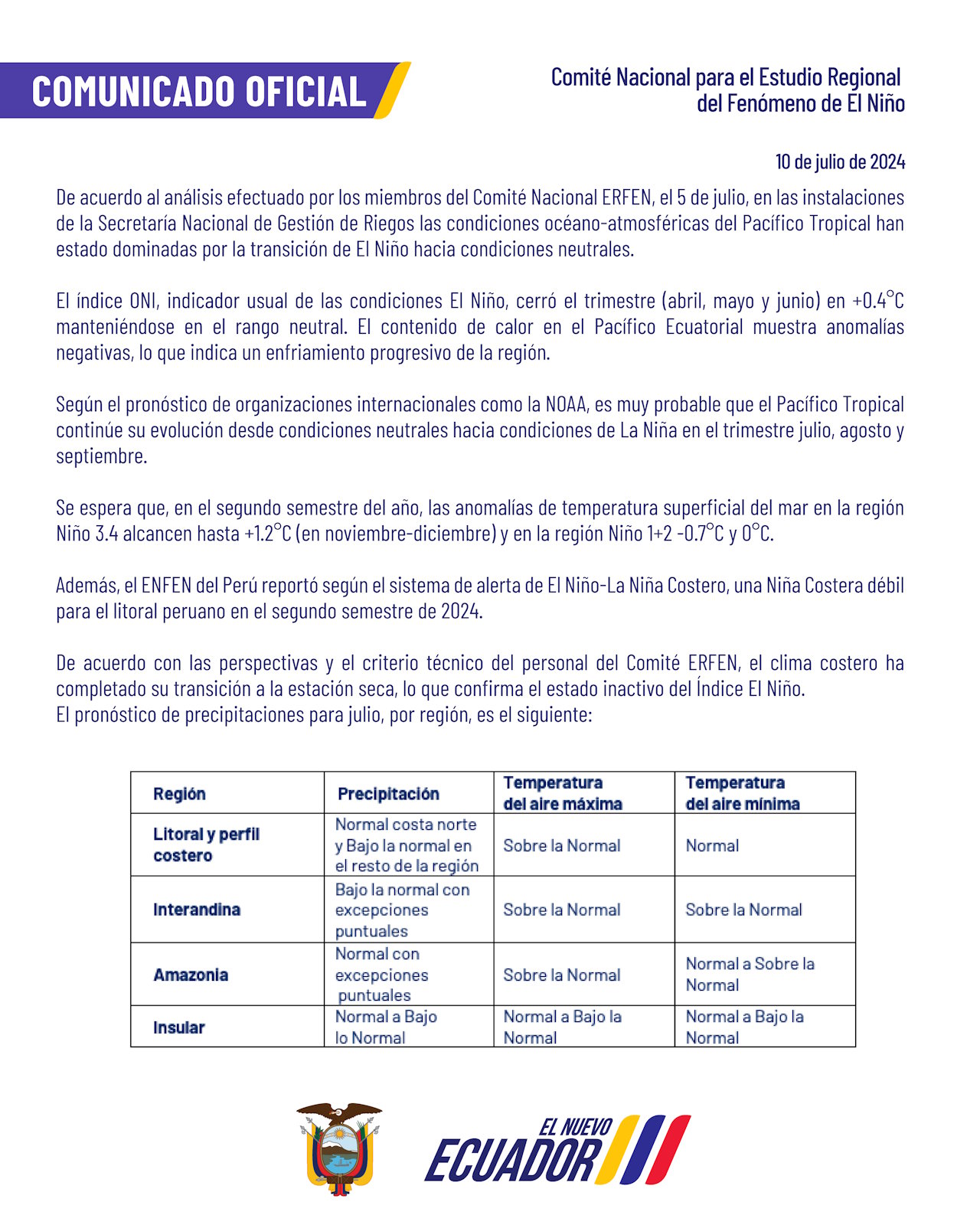 ERFEN - Boletín informativo 10 de julio de 2024