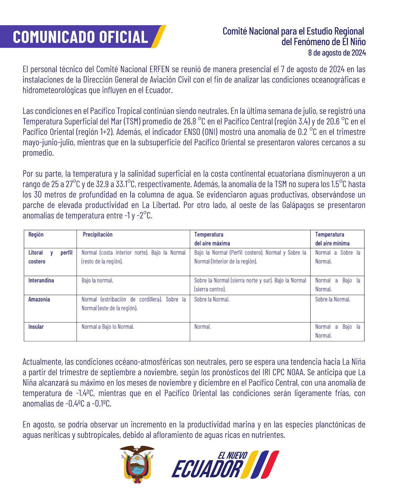 ERFEN - Boletín informativo 8 de agosto de 2024