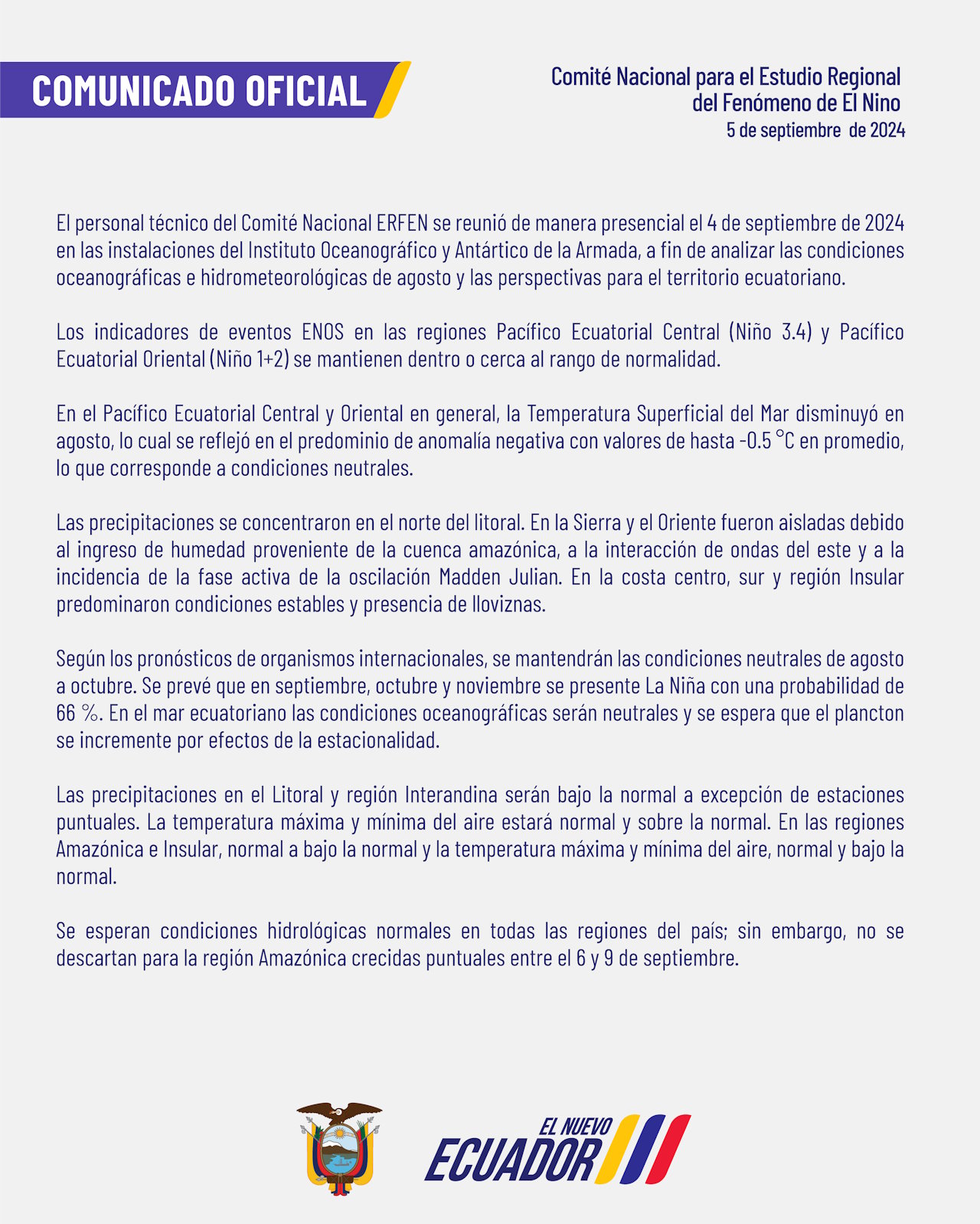 ERFEN - Boletín informativo 5 de septiembre de 2024