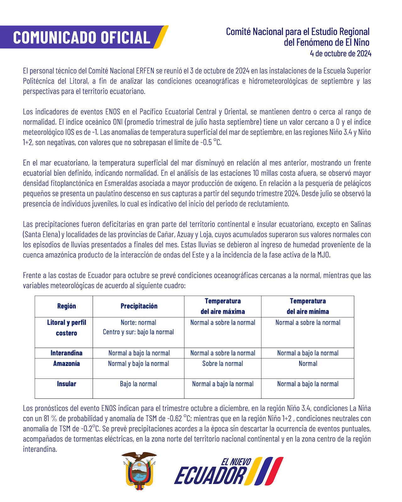 ERFEN - Boletín informativo 4 de octubre de 2024