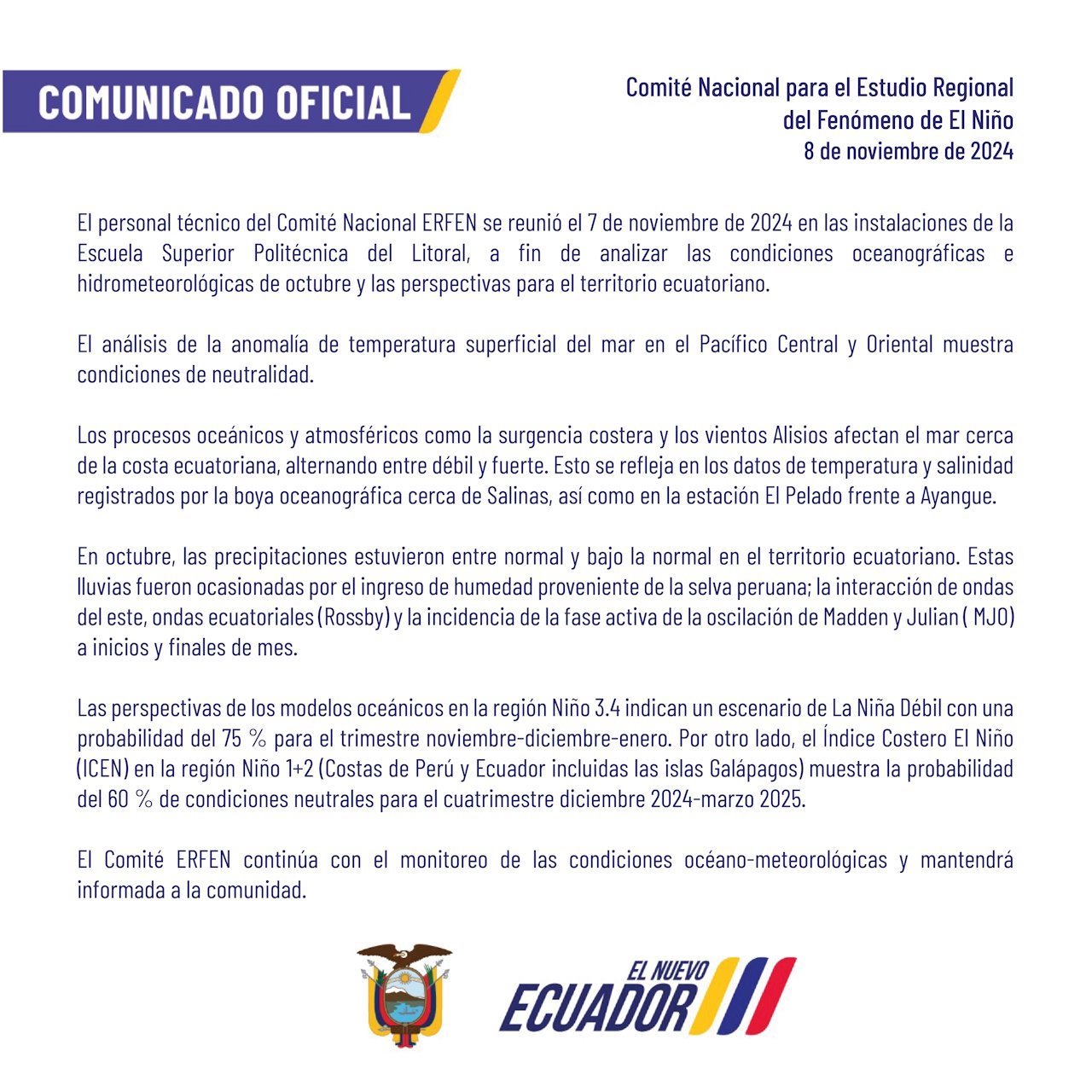 ERFEN - Boletín informativo 7 de noviembre de 2024