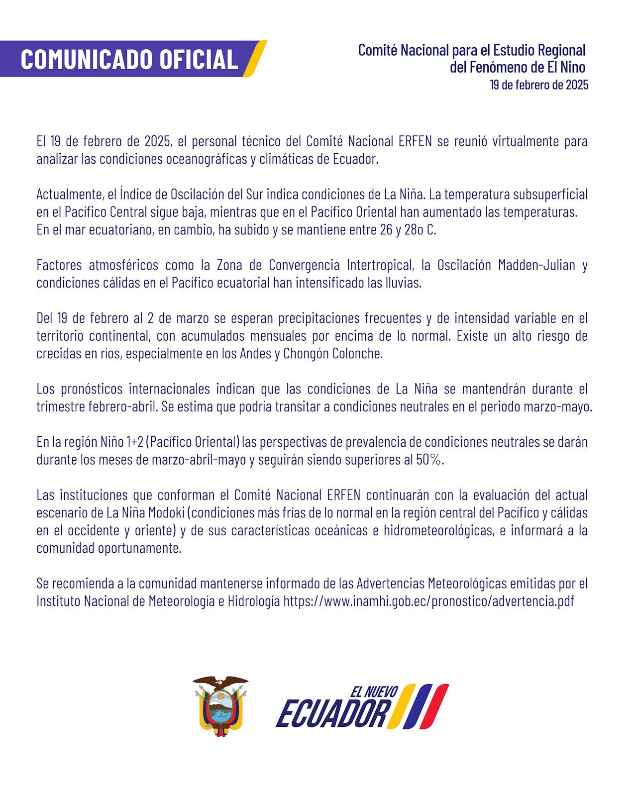 ERFEN - Boletín informativo 19 de febrero de 2025