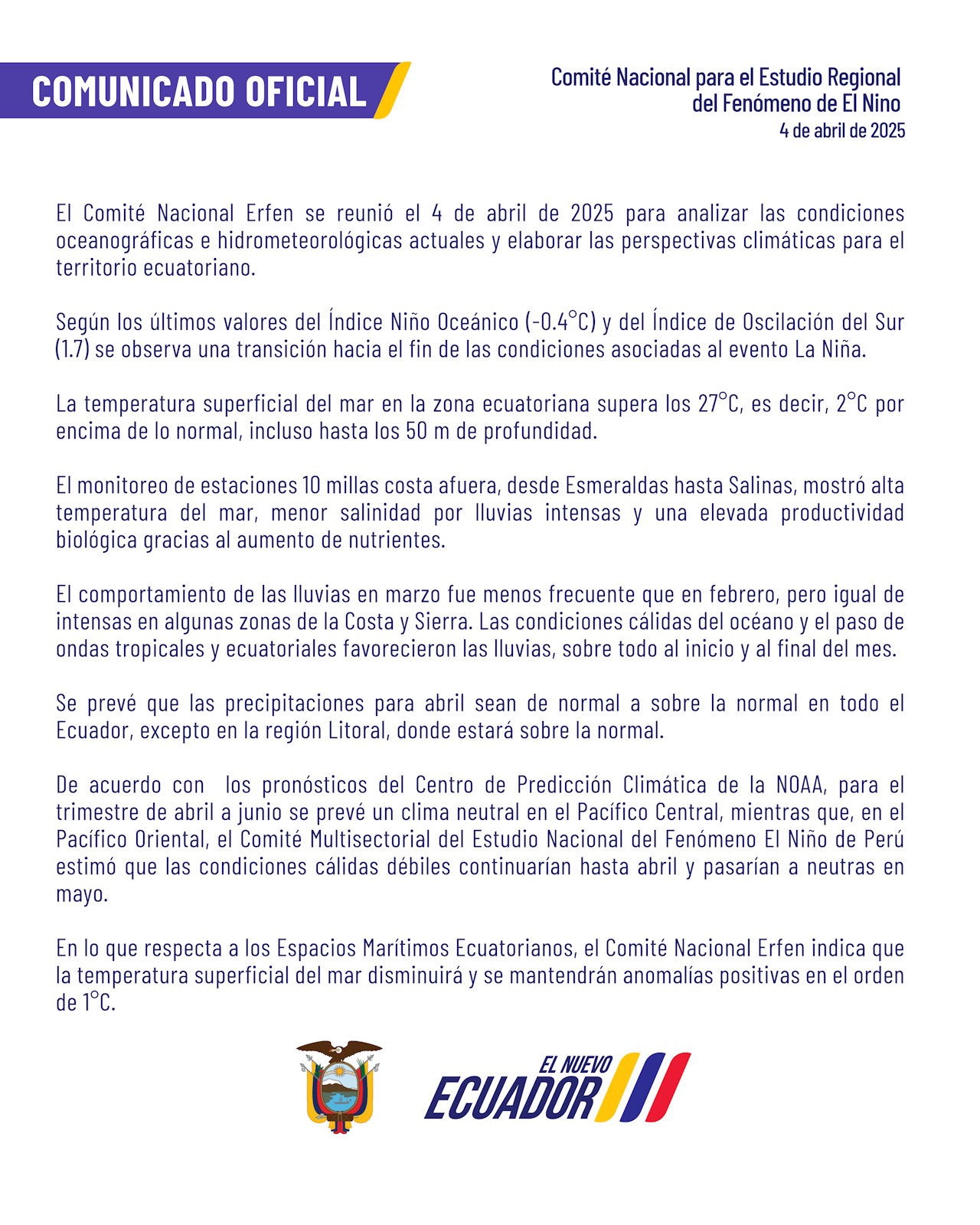 ERFEN - Boletín informativo 4 de abril de 2025