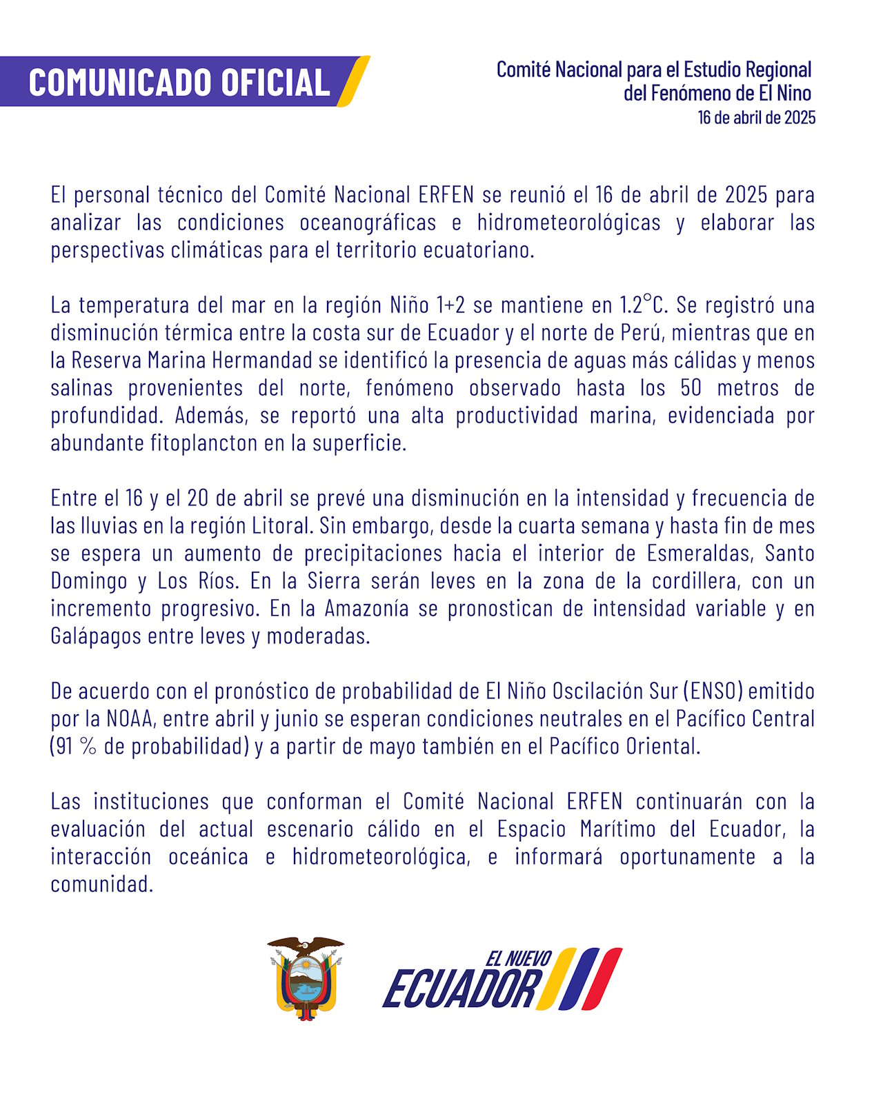 ERFEN - Boletín informativo 16 de abril de 2025