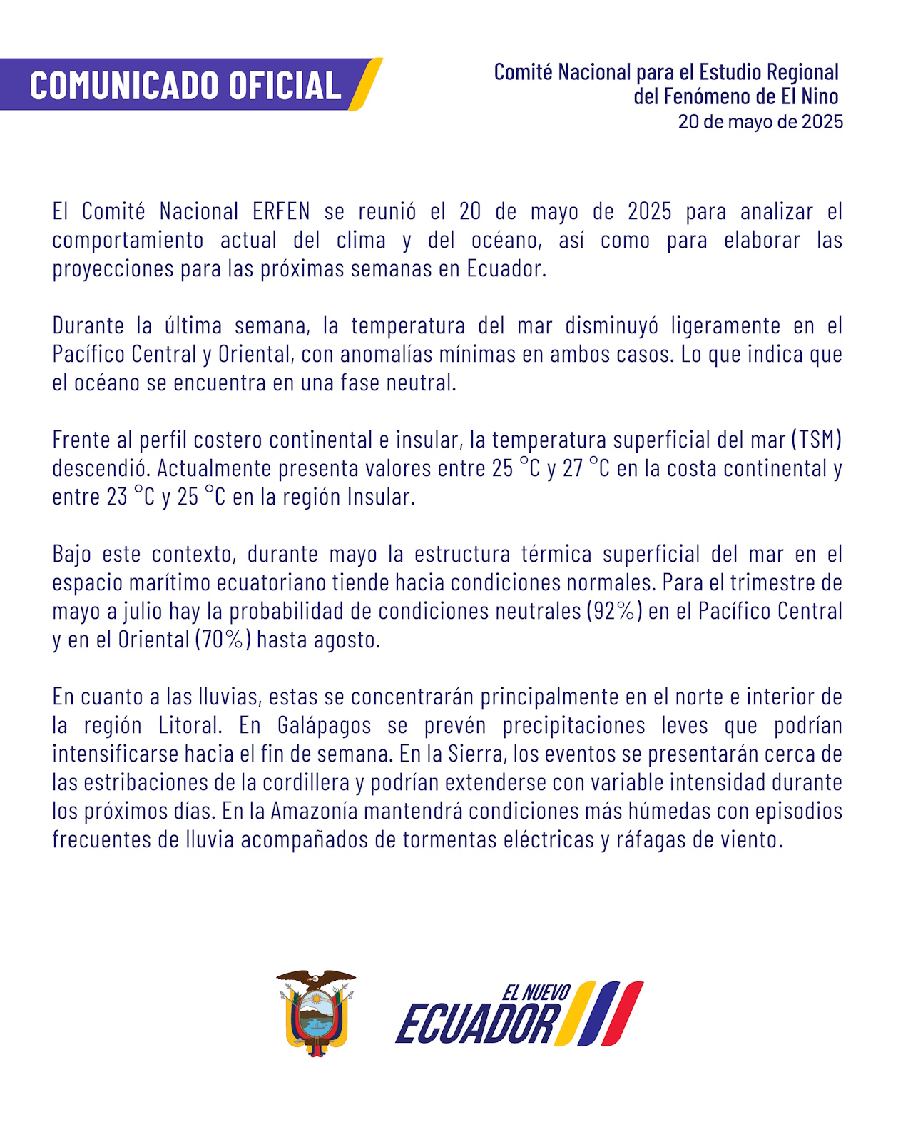 ERFEN - Boletín informativo 20 de mayo de 2025