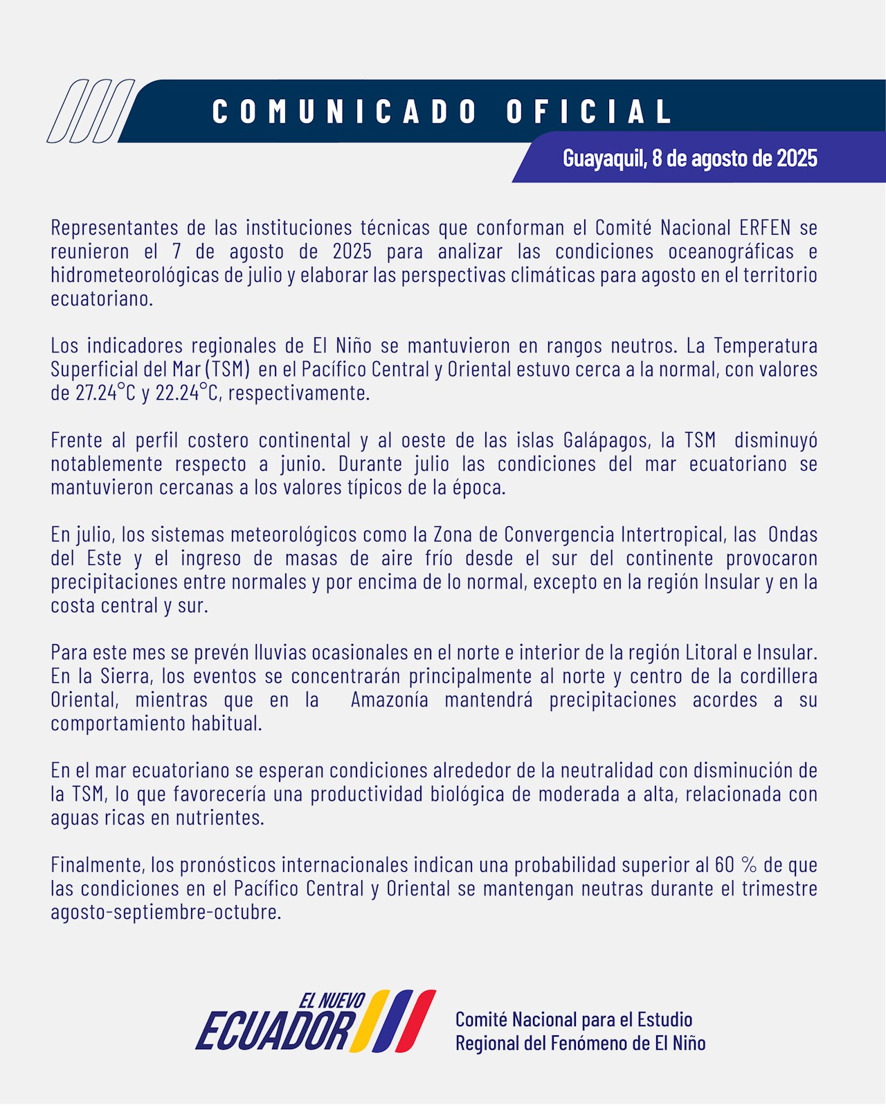 ERFEN - Boletín informativo 7 de agosto de 2025