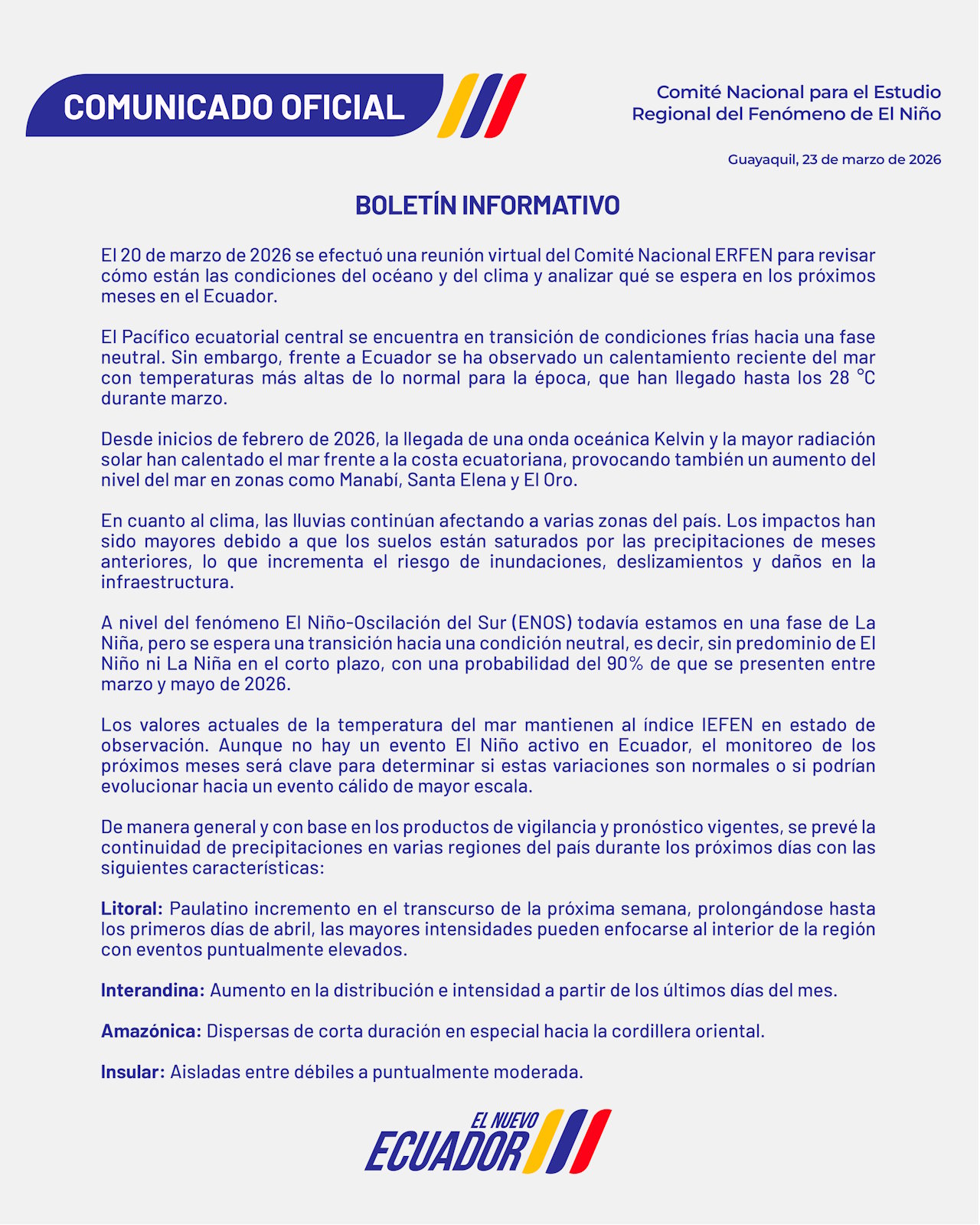 Boletín informativo ERFEN - 20 de marzo de 2026