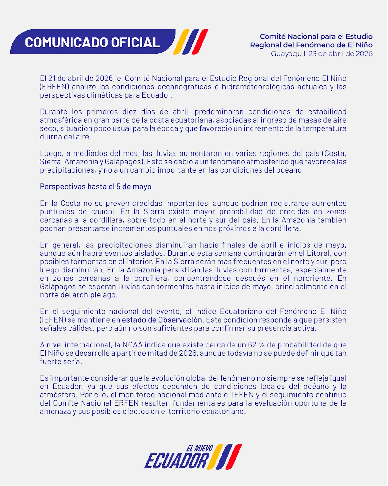 Boletín informativo ERFEN - 21 de abril de 2026