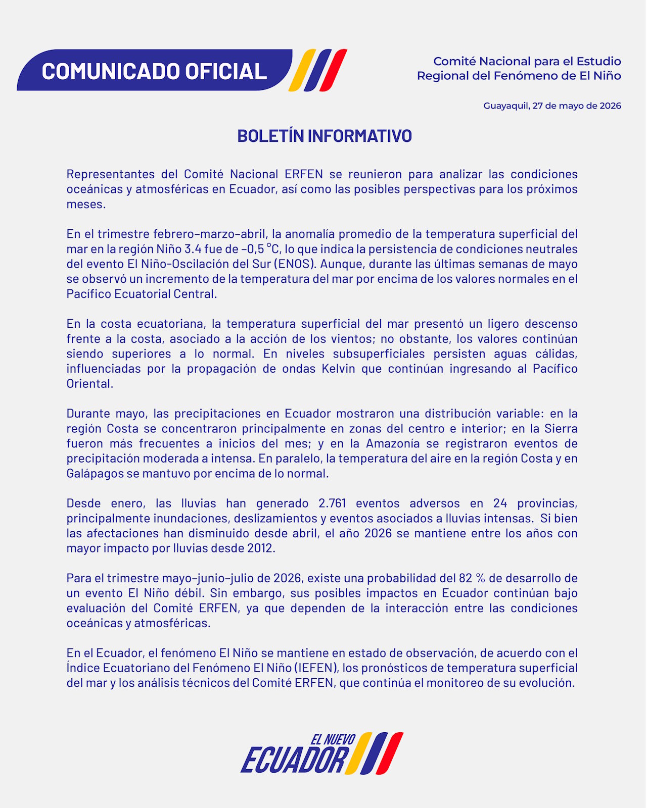 Boletín informativo ERFEN - 27 de mayo de 2026