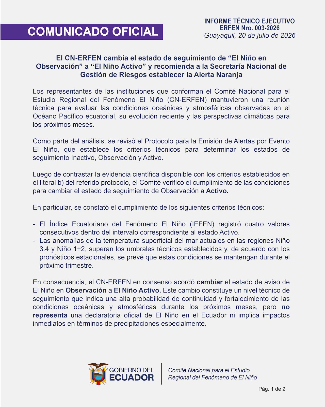 Boletín informativo ERFEN - 20 de julio de 2026