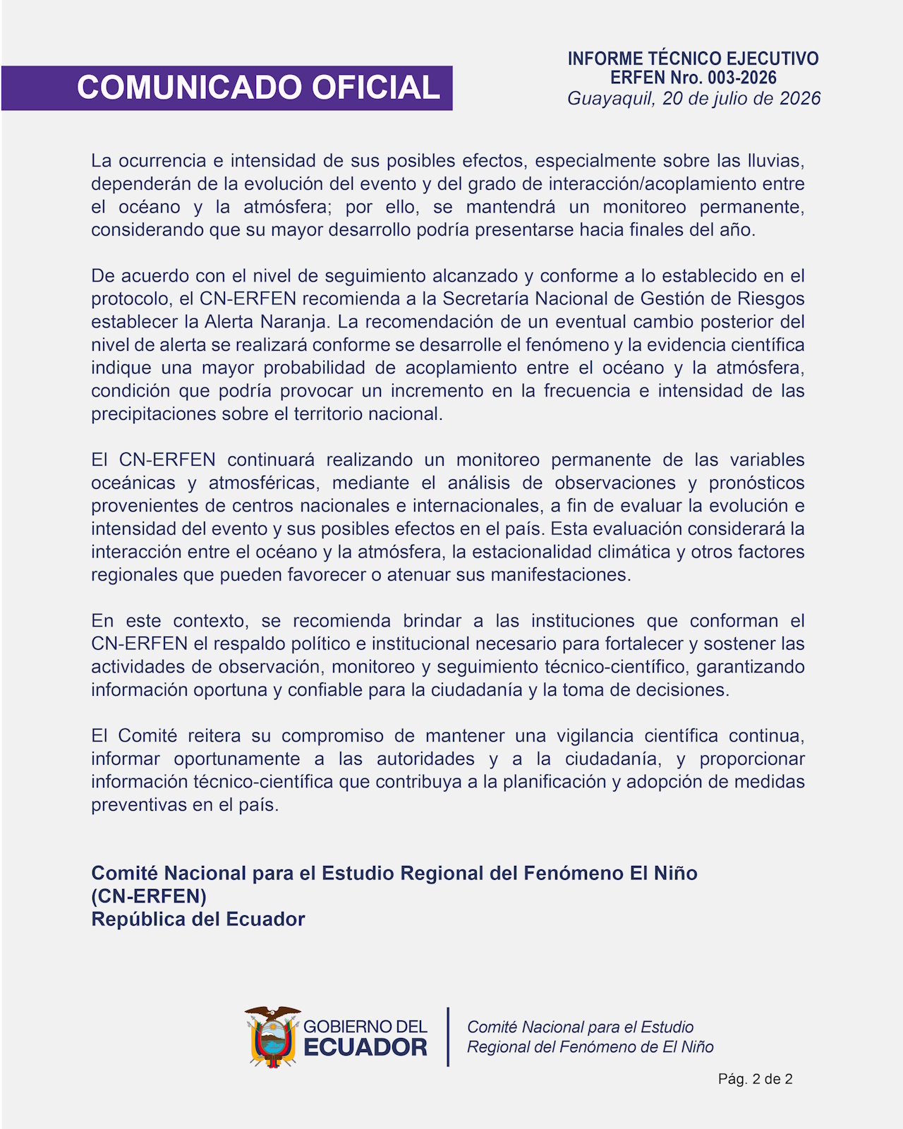 Boletín informativo ERFEN - 20 de julio de 2026