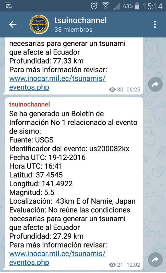 Boletines técnicos de la amenaza tsunamigénica a través de Telegram