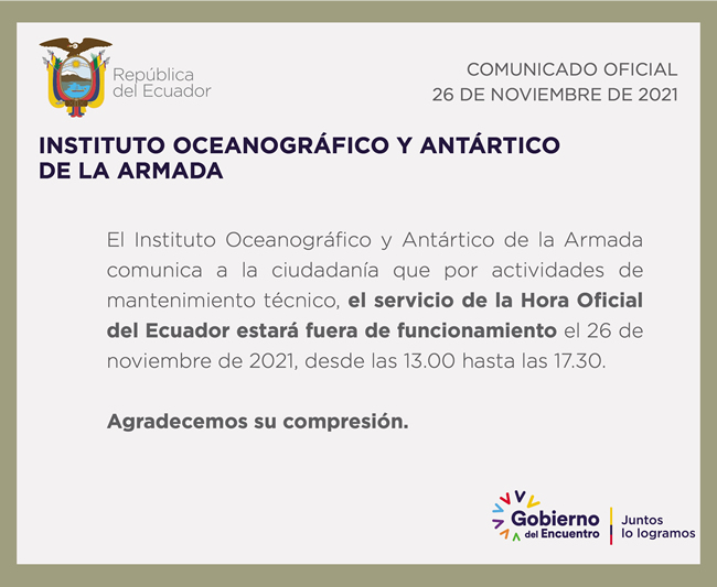 Inocar informa sobre la suspensión del servicio de la Hora Oficial del Ecuador