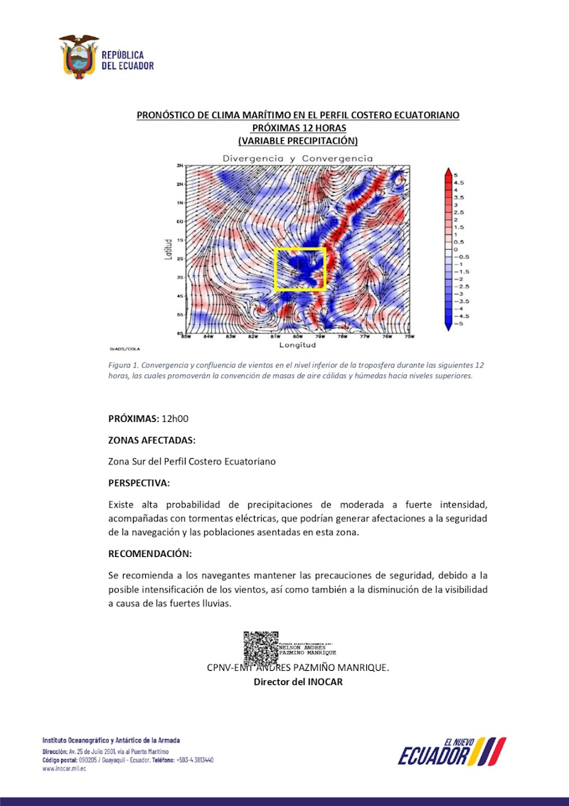 Pronóstico de clima marítimo en el perfil costero ecuatoriano para las próximas 12 horas